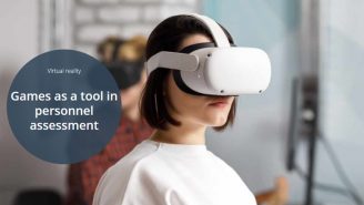 Text "Games as a tool personnel assessment", person wearing VR googles