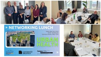 Collage: 3 photos, 1 poster from the Networking Lunch "Urban Health"