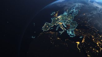Europe seen from space at night. national borders manually added.