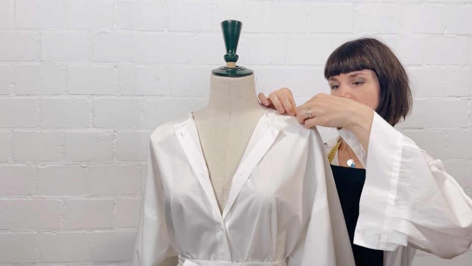 Natascha von Hirschhausen working on garment on mannequin
