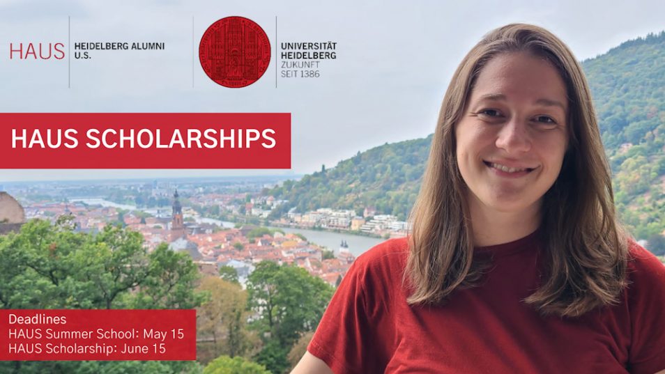 HAUS Scholarships - poster. Woman in the foreground, Heidelberg (Germany) in the background.
